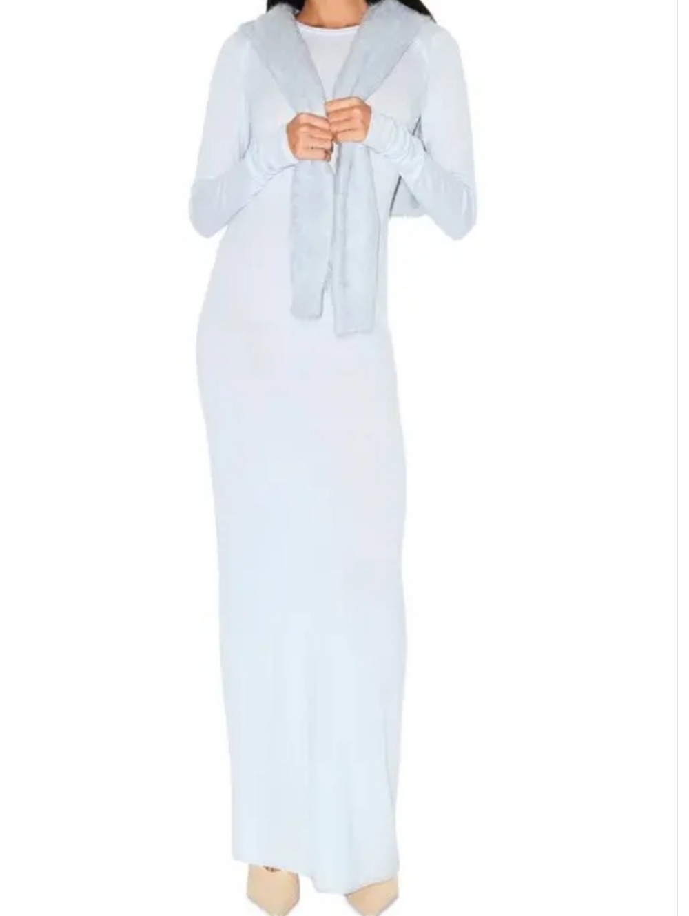 SKIMS Cashmere Sheer Long Sleeve Maxi Dress Pearl Women XX-Small NEW